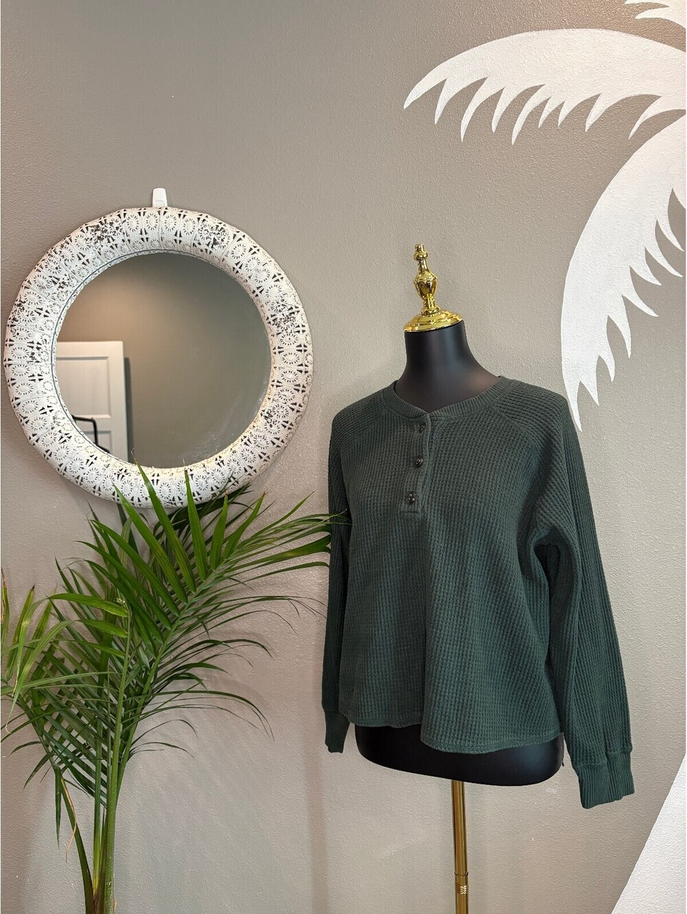 Dark Green Waffle Knit Long Sleeve Shirt